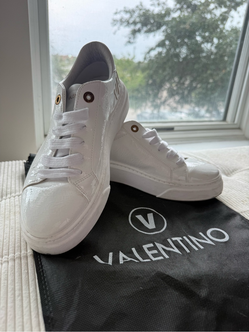 Valentino White Patent Leather Low-Top Sneakers with Gold Eyelets